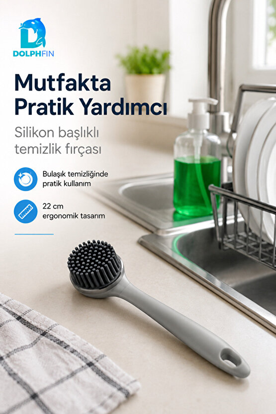 Silikon Başlıklı Bulaşık ve Lavabo Temizleme Fırçası 22 cm – Gri
