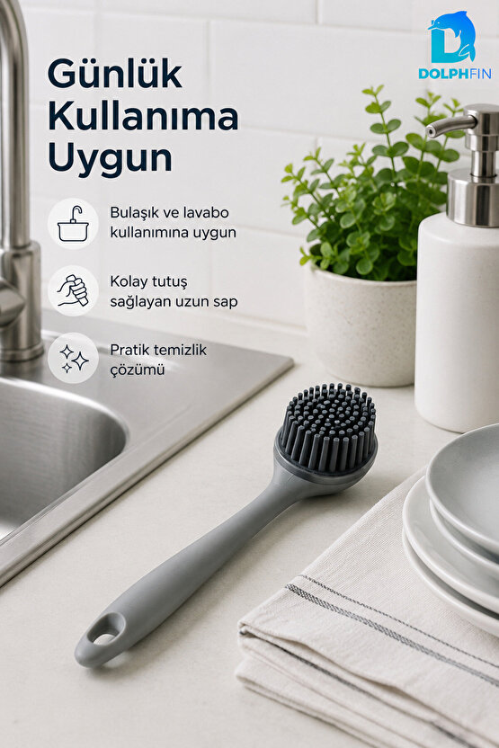 Silikon Başlıklı Bulaşık ve Lavabo Temizleme Fırçası 22 cm – Gri