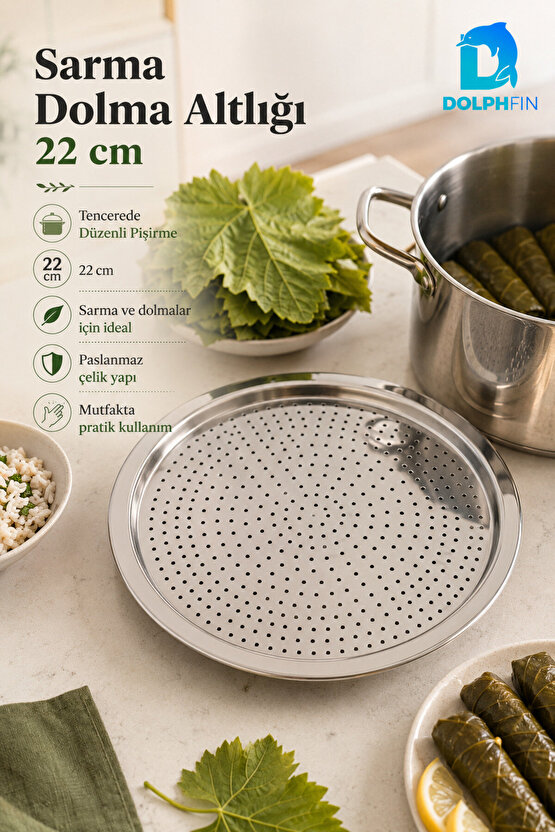 Paslanmaz Çelik Sarma Dolma Altlığı 22 cm – Tencere İçi Delikli Pişirme Tabanı