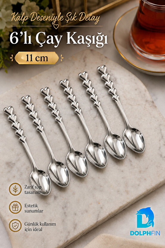 Kalp Desenli Çay Kaşığı 6’lı Set – 11 cm Parlak Gümüş Renkli Zarif Sunum Kaşığı