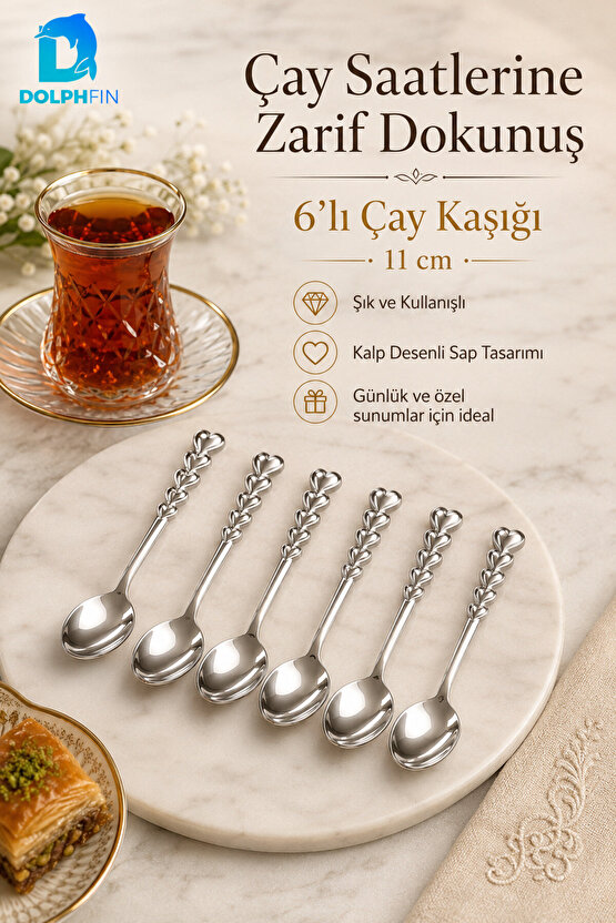 Kalp Desenli Çay Kaşığı 6’lı Set – 11 cm Parlak Gümüş Renkli Zarif Sunum Kaşığı
