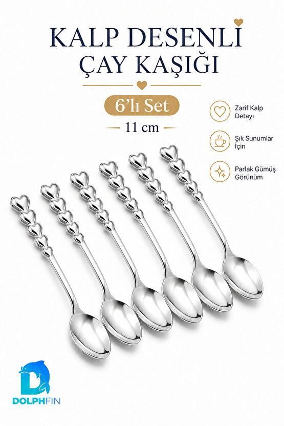Kalp Desenli Çay Kaşığı 6’lı Set – 11 cm Parlak Gümüş Renkli Zarif Sunum Kaşığı