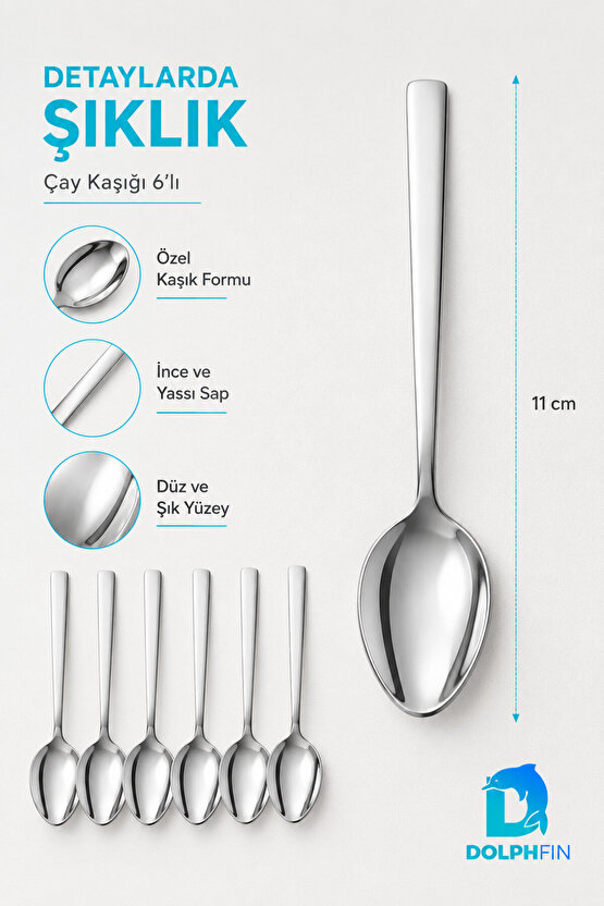 6’lı Paslanmaz Çelik Çay Kaşığı Seti 11 cm – İnce Yassı Saplı Parlak Metal Kaşık