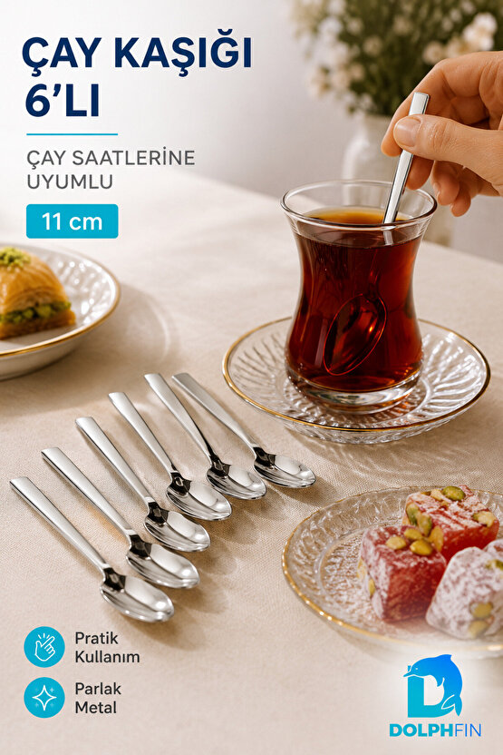 6’lı Paslanmaz Çelik Çay Kaşığı Seti 11 cm – İnce Yassı Saplı Parlak Metal Kaşık