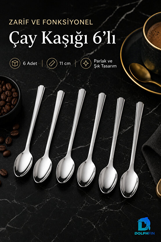 6’lı Paslanmaz Çelik Çay Kaşığı Seti 11 cm – İnce Yassı Saplı Parlak Metal Kaşık