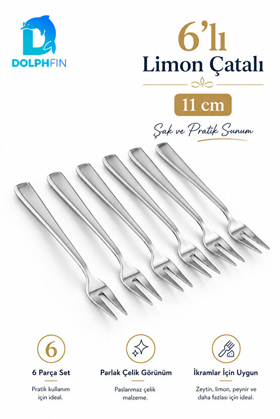 6’lı Paslanmaz Çelik Limon Çatalı Seti 11 cm – Mini İkram ve Sunum Çatalı