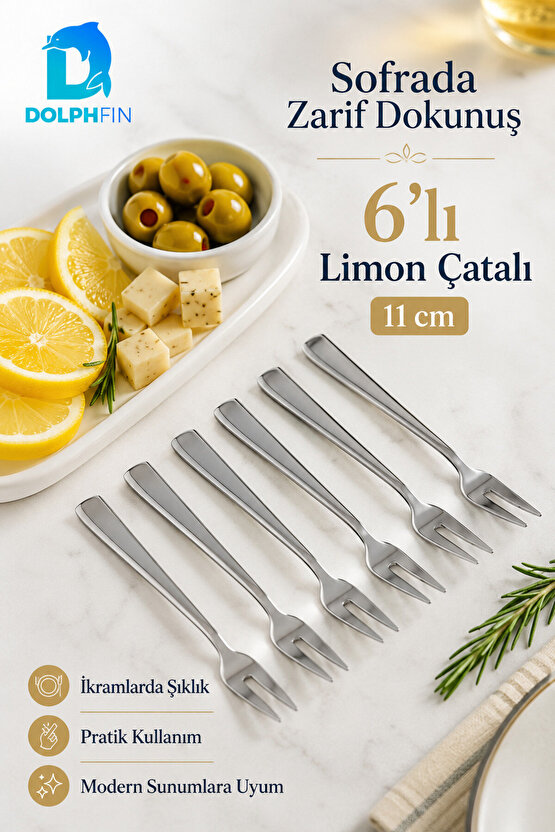 6’lı Paslanmaz Çelik Limon Çatalı Seti 11 cm – Mini İkram ve Sunum Çatalı