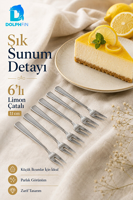 6’lı Paslanmaz Çelik Limon Çatalı Seti 11 cm – Mini İkram ve Sunum Çatalı