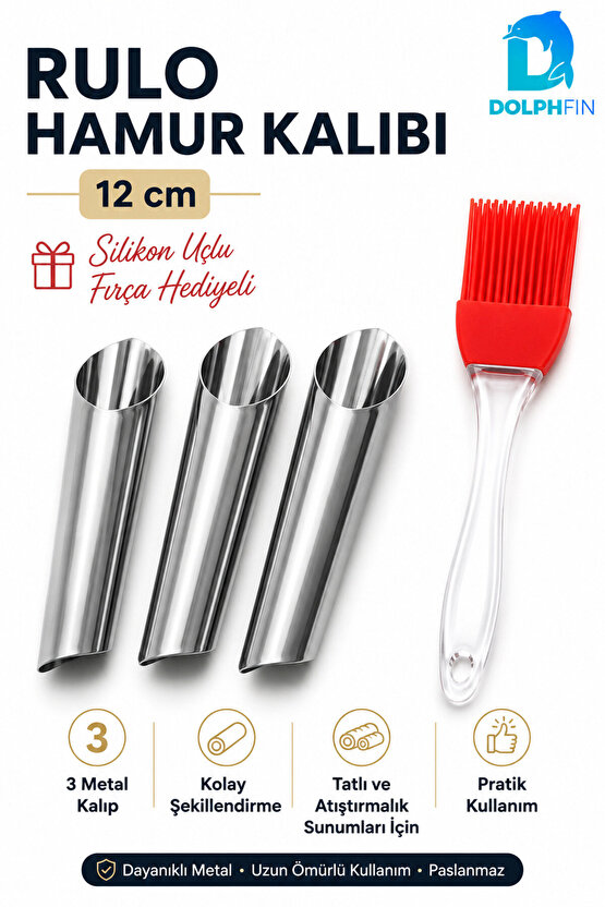 3’lü Paslanmaz Çelik Rulo Hamur Kalıbı 12 cm – Silikon Fırça Hediyeli