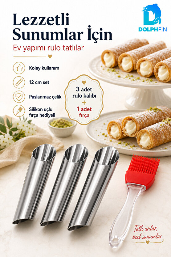 3’lü Paslanmaz Çelik Rulo Hamur Kalıbı 12 cm – Silikon Fırça Hediyeli