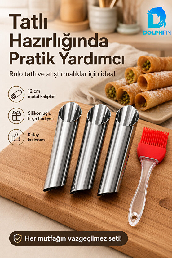 3’lü Paslanmaz Çelik Rulo Hamur Kalıbı 12 cm – Silikon Fırça Hediyeli