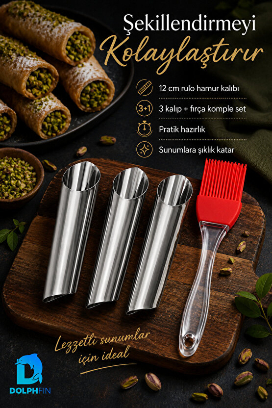 3’lü Paslanmaz Çelik Rulo Hamur Kalıbı 12 cm – Silikon Fırça Hediyeli