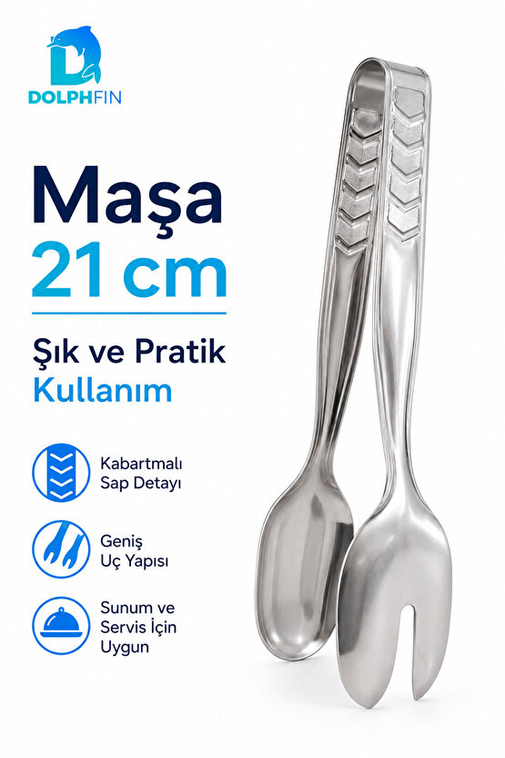 21 cm Çelik Salata Servis Maşası – Kaşık ve Çatal Uçlu Sunum Maşası