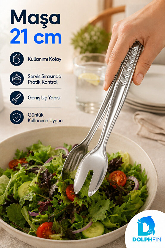 21 cm Çelik Salata Servis Maşası – Kaşık ve Çatal Uçlu Sunum Maşası