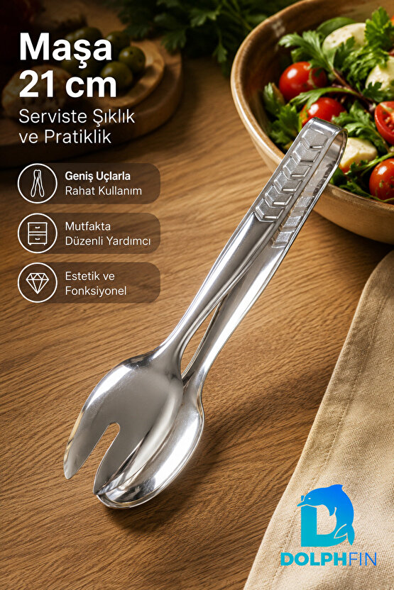 21 cm Çelik Salata Servis Maşası – Kaşık ve Çatal Uçlu Sunum Maşası