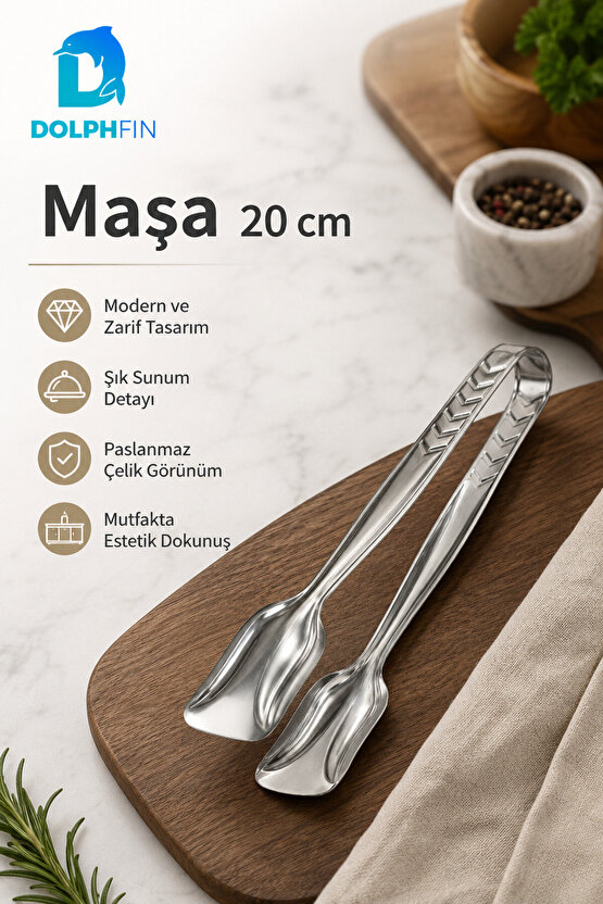 20 cm Paslanmaz Çelik Servis Maşası – Salata, Pasta ve Sunum Maşası