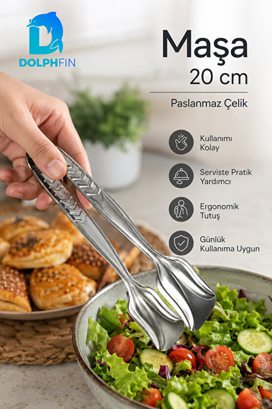 20 cm Paslanmaz Çelik Servis Maşası – Salata, Pasta ve Sunum Maşası