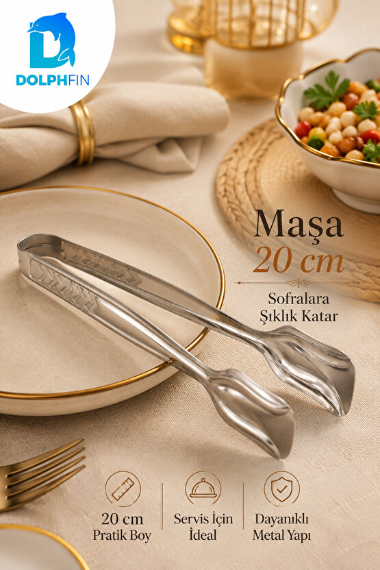 20 cm Paslanmaz Çelik Servis Maşası – Salata, Pasta ve Sunum Maşası
