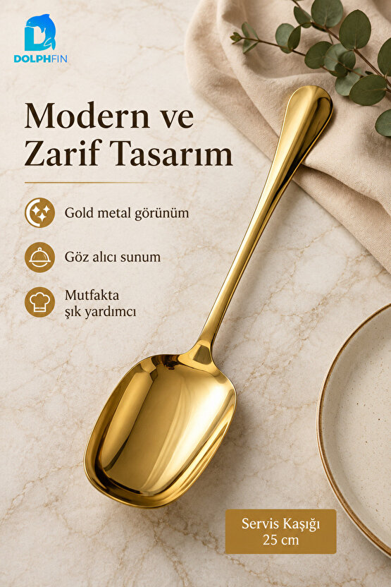 25 cm Gold Servis Kaşığı – Parlak Metal Görünümlü Şık Sunum Kaşığı