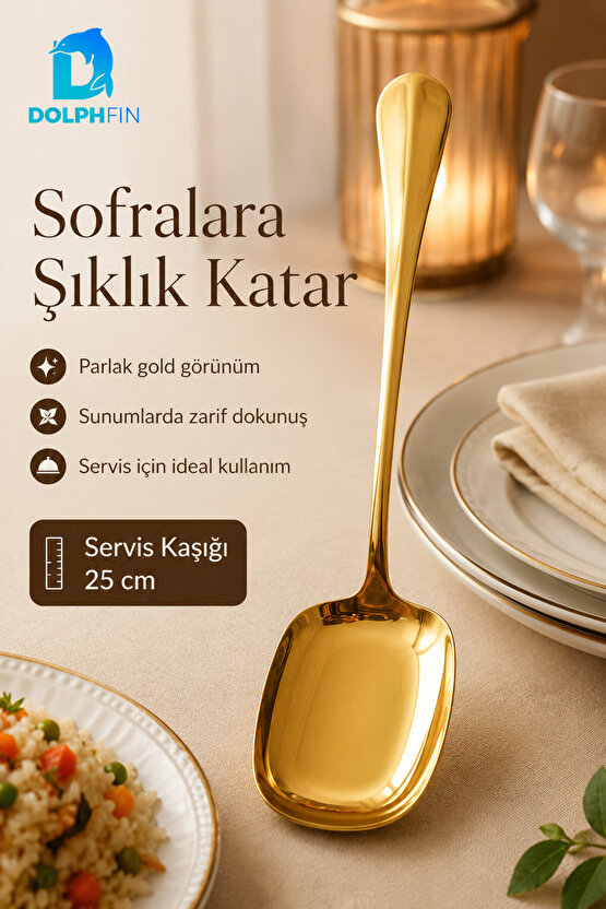 25 cm Gold Servis Kaşığı – Parlak Metal Görünümlü Şık Sunum Kaşığı