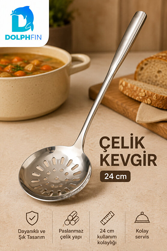 24 cm Paslanmaz Çelik Delikli Kevgir Kaşık Süzgeç Servis Kepçesi