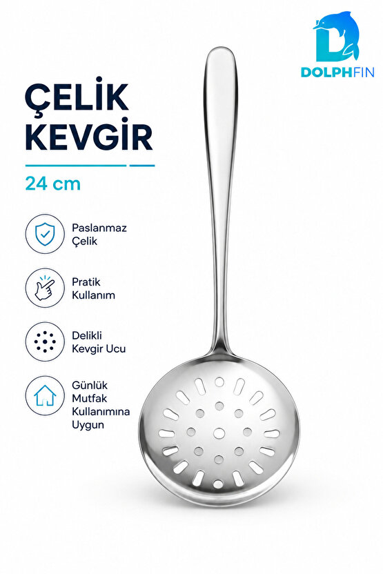 24 cm Paslanmaz Çelik Delikli Kevgir Kaşık Süzgeç Servis Kepçesi