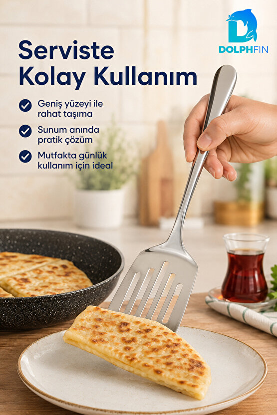 26 cm Paslanmaz Çelik Delikli Servis Spatulası Uzun Saplı Geniş Yüzeyli
