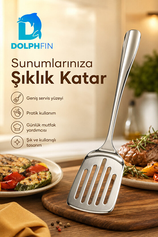26 cm Paslanmaz Çelik Delikli Servis Spatulası Uzun Saplı Geniş Yüzeyli