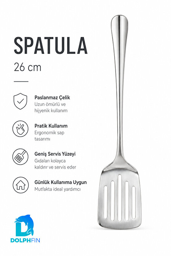 26 cm Paslanmaz Çelik Delikli Servis Spatulası Uzun Saplı Geniş Yüzeyli
