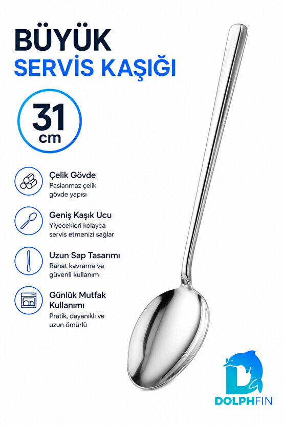 31 cm Paslanmaz Çelik Büyük Servis Kaşığı Uzun Saplı Pilav Salata Kaşığı