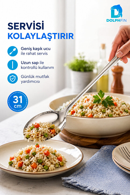 31 cm Paslanmaz Çelik Büyük Servis Kaşığı Uzun Saplı Pilav Salata Kaşığı