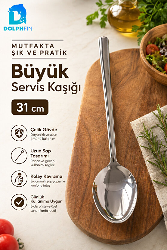 31 cm Paslanmaz Çelik Büyük Servis Kaşığı Uzun Saplı Pilav Salata Kaşığı