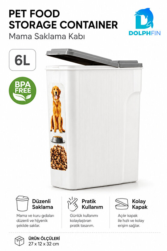 6 L Kapaklı Kedi Köpek Mama Saklama Kabı BPA Free Dar Form Beyaz Gri