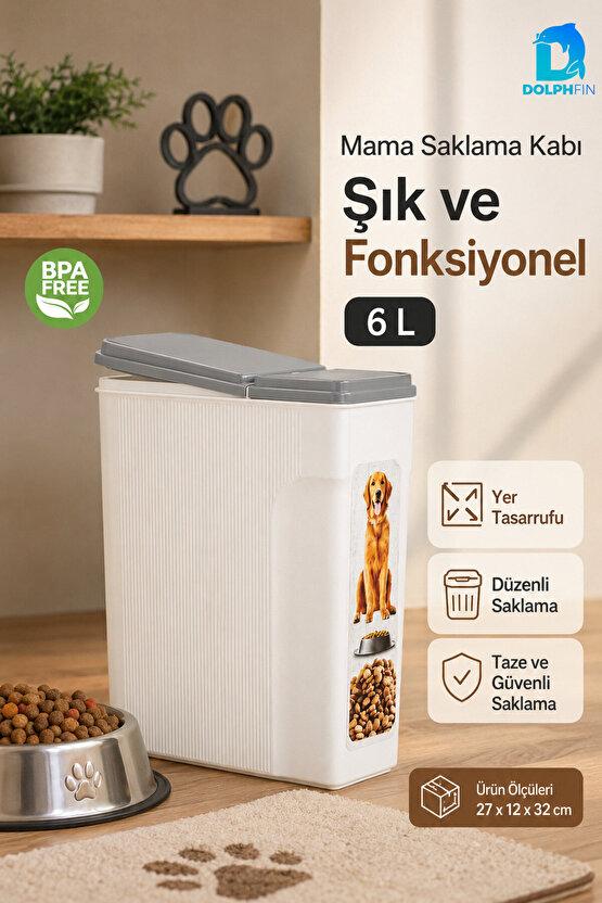 6 L Kapaklı Kedi Köpek Mama Saklama Kabı BPA Free Dar Form Beyaz Gri