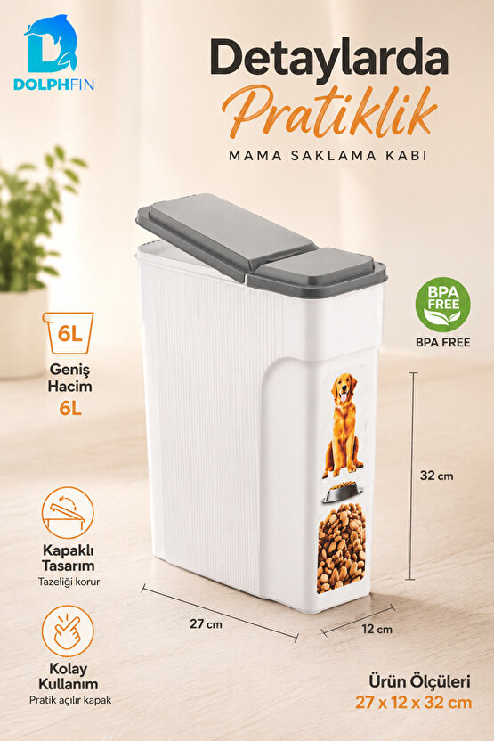 6 L Kapaklı Kedi Köpek Mama Saklama Kabı BPA Free Dar Form Beyaz Gri