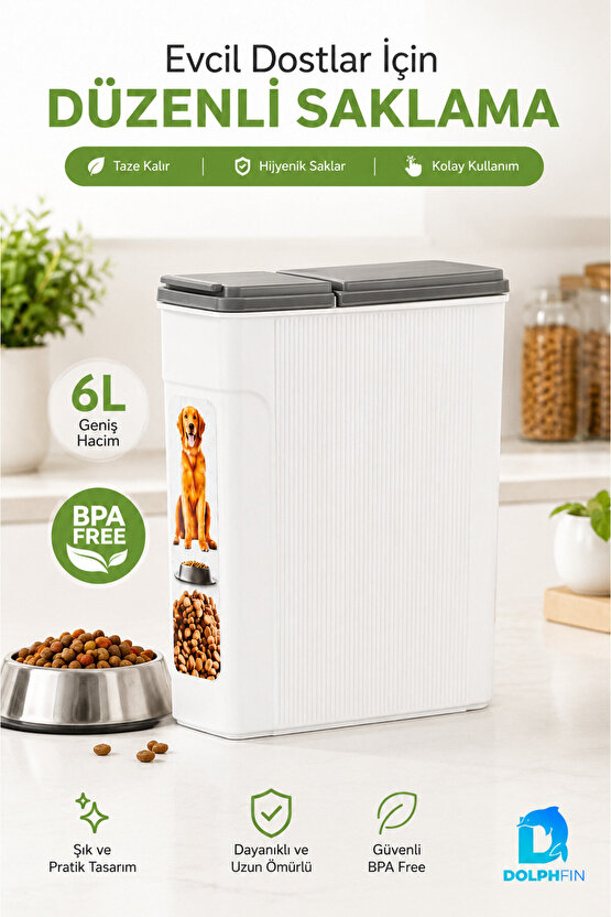 6 L Kapaklı Kedi Köpek Mama Saklama Kabı BPA Free Dar Form Beyaz Gri