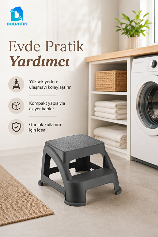İki Basamaklı Plastik Basamak Taburesi Dokulu Yüzeyli Gri 40x38x29 cm