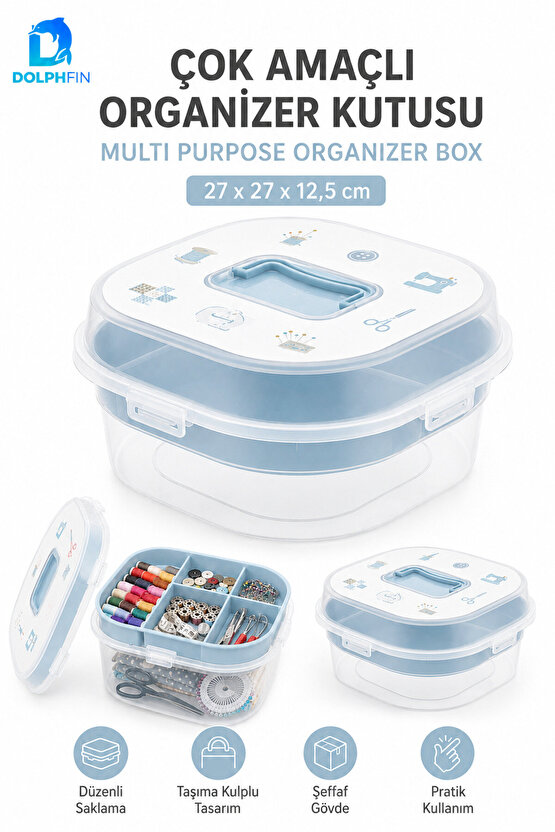 Çok Amaçlı Bölmeli Organizer Kutu Şeffaf Kapaklı Taşıma Kulplu 27 cm