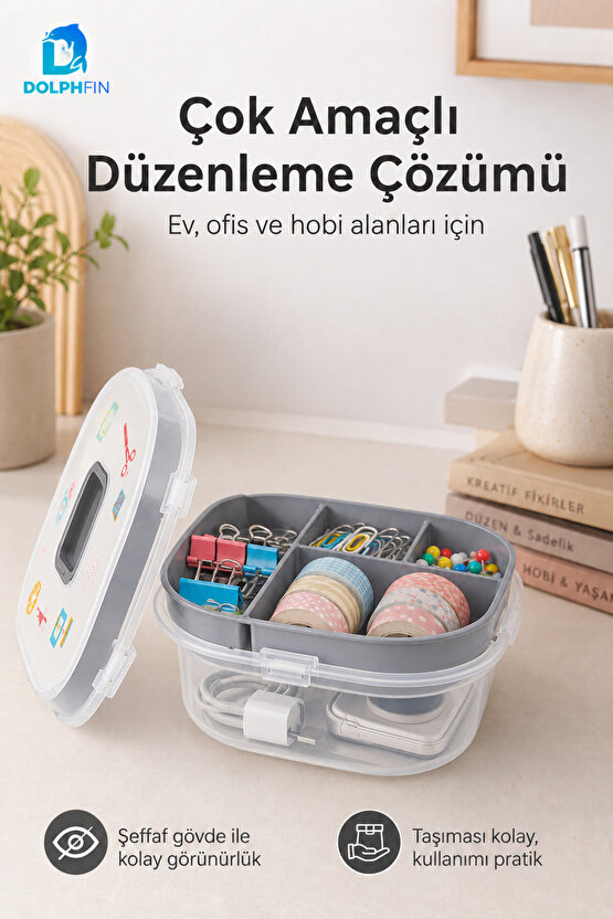 Çok Amaçlı Bölmeli Organizer Kutu Şeffaf Kapaklı Taşıma Kulplu 27 cm