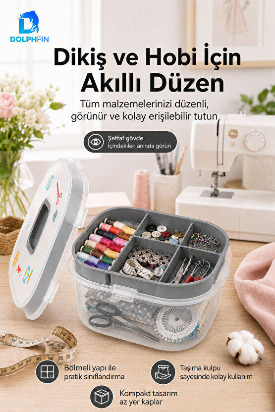 Çok Amaçlı Bölmeli Organizer Kutu Şeffaf Kapaklı Taşıma Kulplu 27 cm