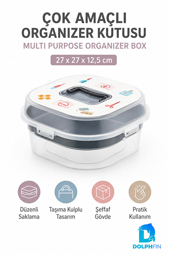 Çok Amaçlı Bölmeli Organizer Kutu Şeffaf Kapaklı Taşıma Kulplu 27 cm