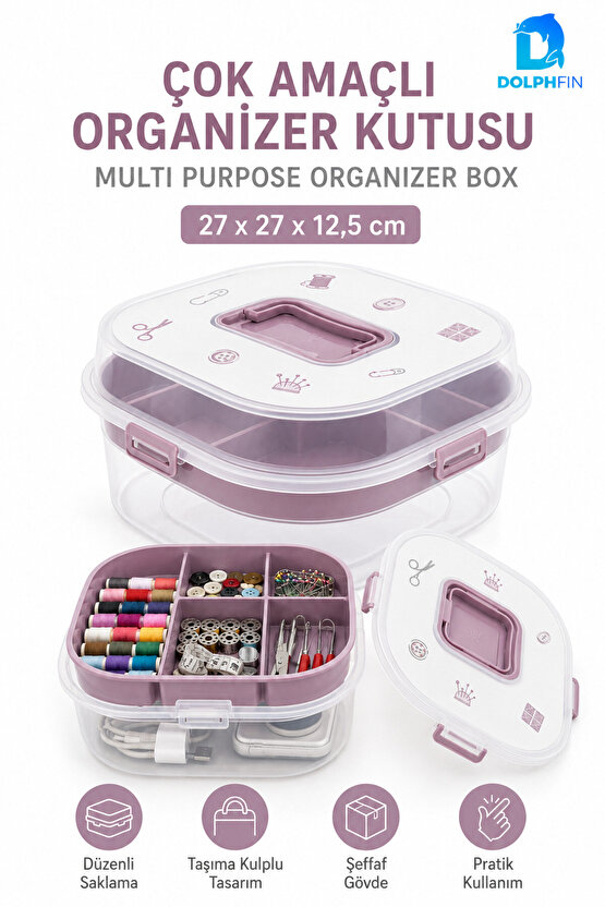 Çok Amaçlı Bölmeli Organizer Kutu Şeffaf Kapaklı Taşıma Kulplu 27 cm