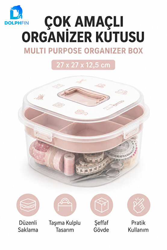 Çok Amaçlı Bölmeli Organizer Kutu Şeffaf Kapaklı Taşıma Kulplu 27 cm