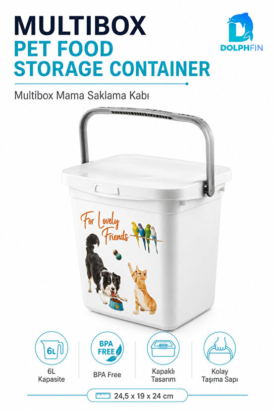 Multibox 6 L Kapaklı Kedi Köpek Mama Saklama Kabı Taşıma Saplı BPA Free