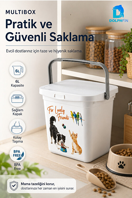 Multibox 6 L Kapaklı Kedi Köpek Mama Saklama Kabı Taşıma Saplı BPA Free