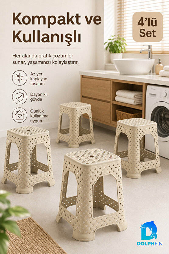 4’lü Hasır Görünümlü Büyük Plastik Tabure Seti 45 cm Krem Rattan Desenli