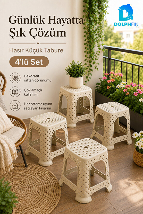 Hasır Görünümlü Küçük Plastik Tabure 4’lü Set 33 cm Krem