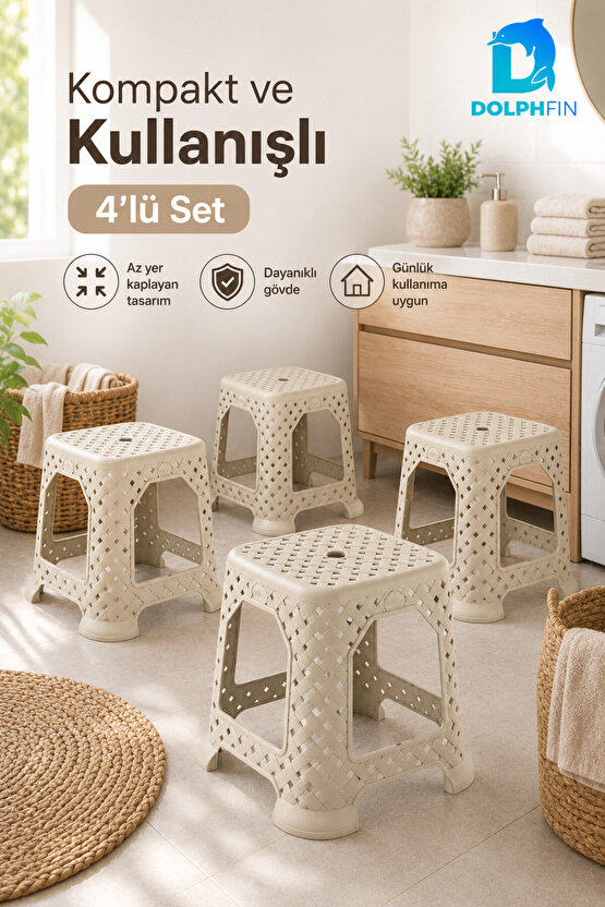 Hasır Görünümlü Küçük Plastik Tabure 4’lü Set 33 cm Krem