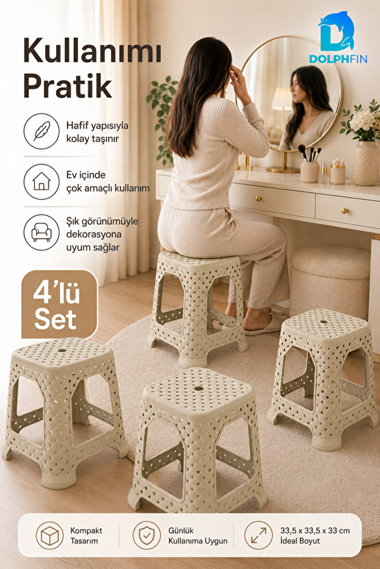 Hasır Görünümlü Küçük Plastik Tabure 4’lü Set 33 cm Krem