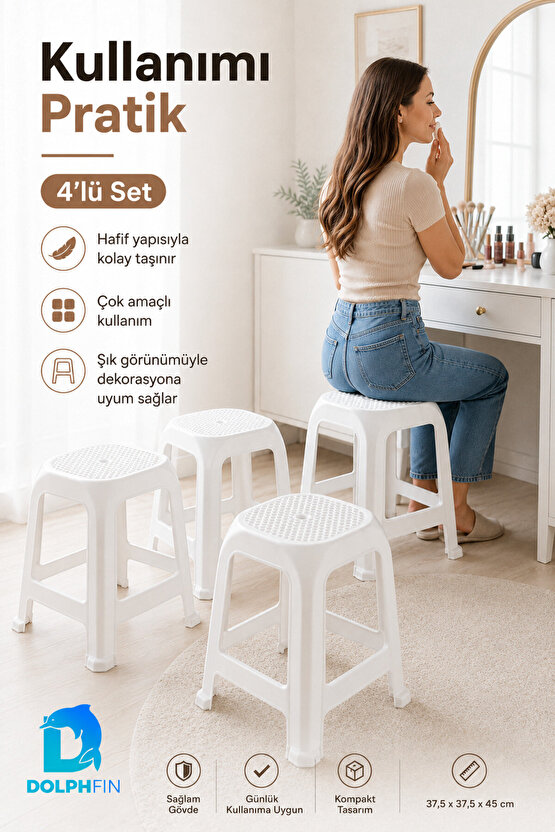 Magnum 4’lü Plastik Tabure Seti 45 cm Dayanıklı Kompakt Beyaz